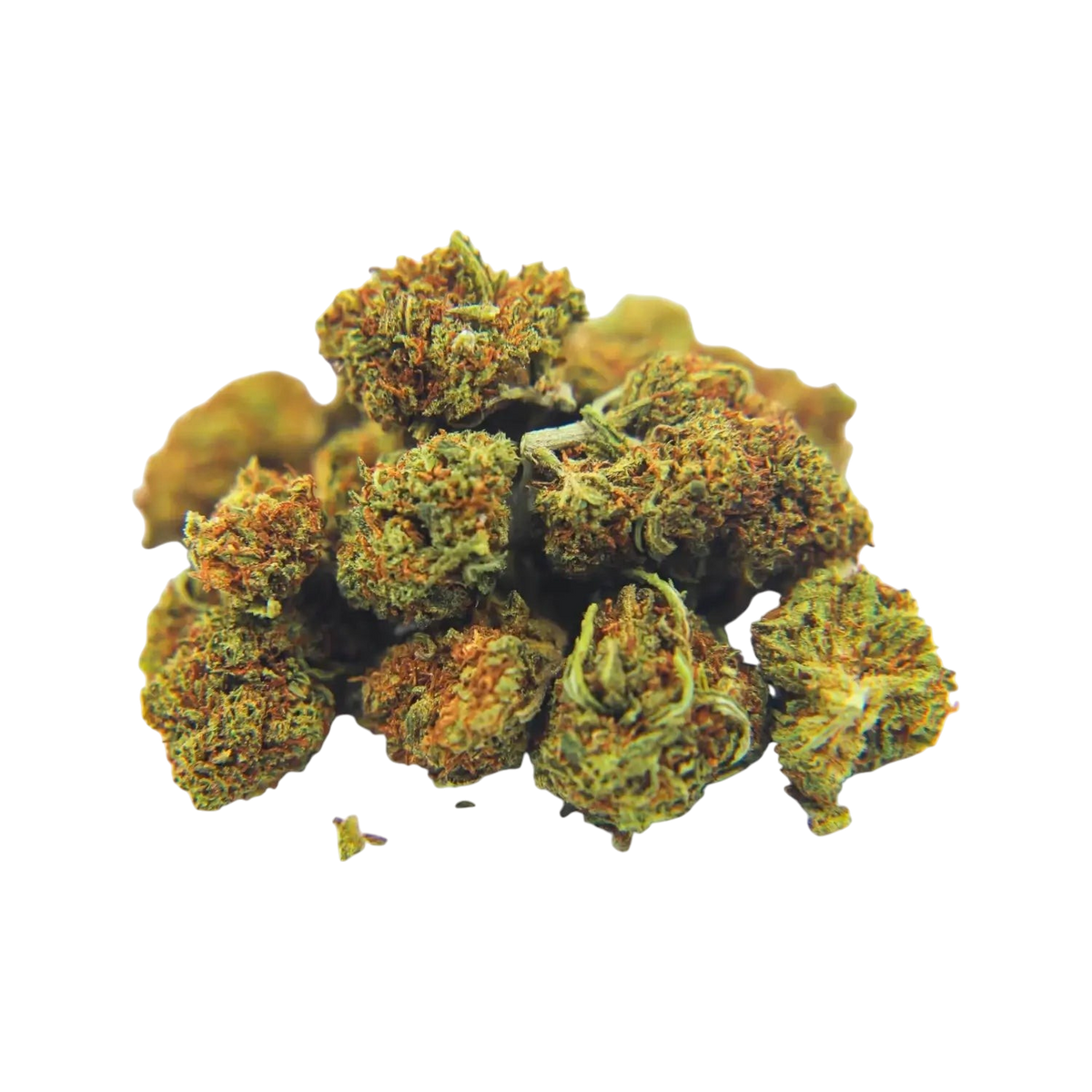 Fleurs de CBD Strawberry SB cbdshopparis, petites têtes denses aux teintes vertes et orangées sur fond blanc
